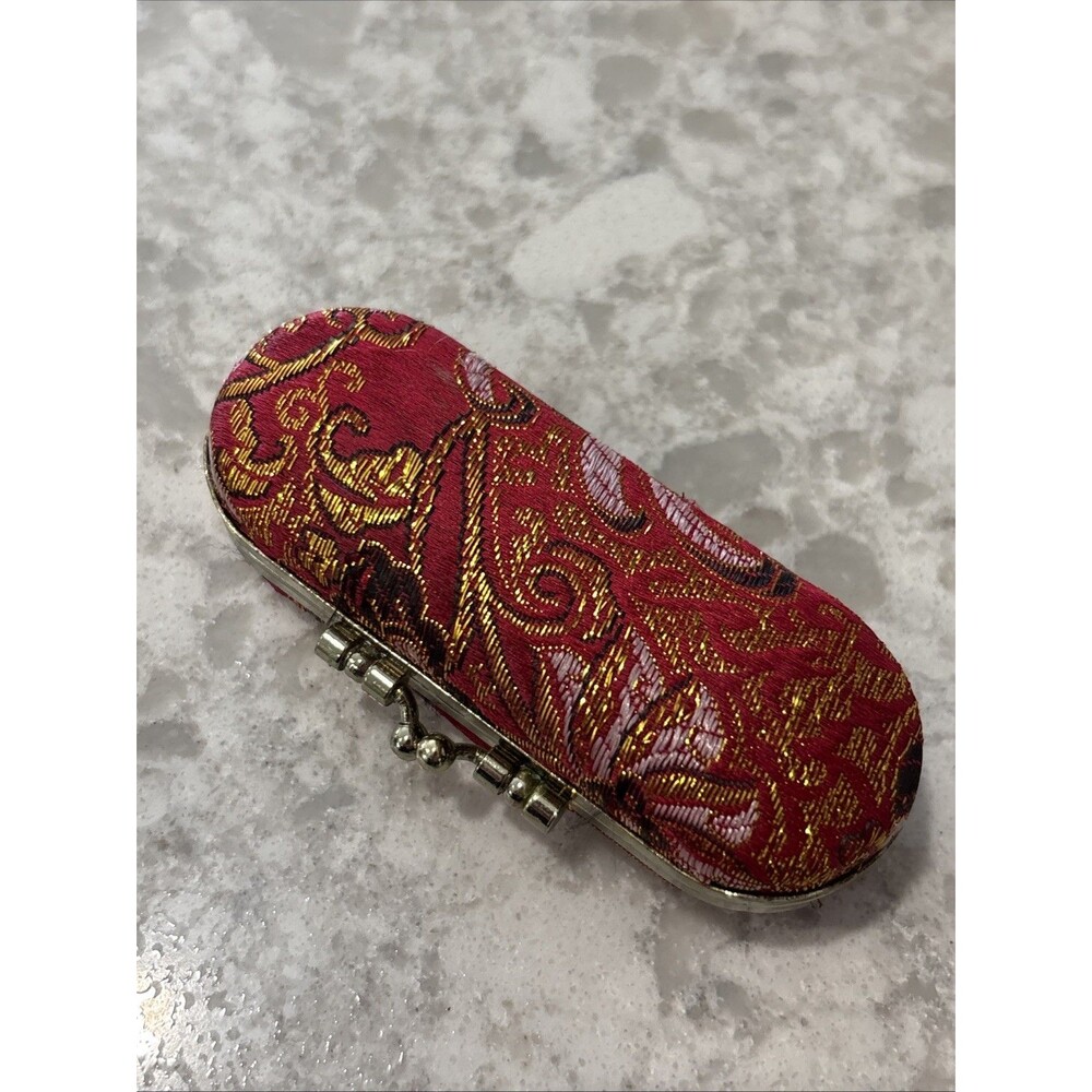 VTG Floral Lipstick Case with Mirror, Gold Trim, Red Velvet Interior New